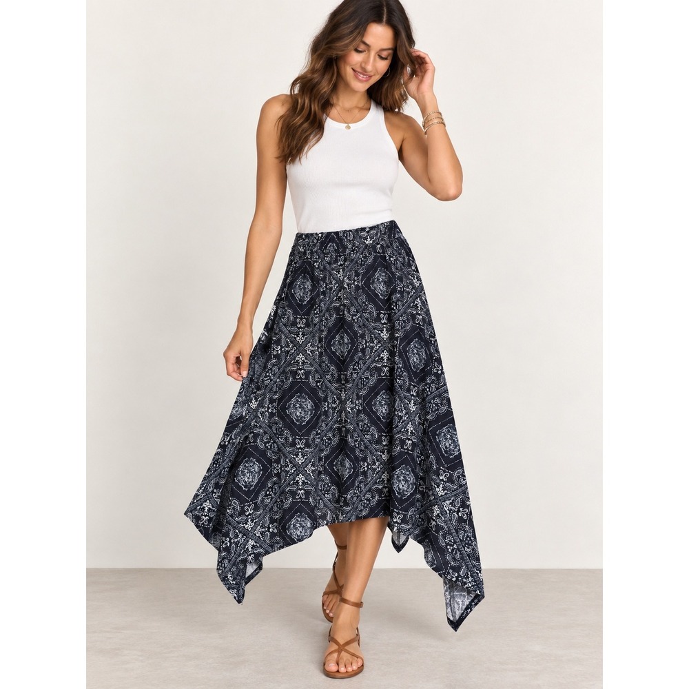 Tantrums Skirt Womens L NWT Navy Paisley Handkerchief Hem Boho Stretch